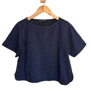 ZARA WOMAN Navy Metallic Short Sleeve Top | Minimalist Office Chic Party Wear